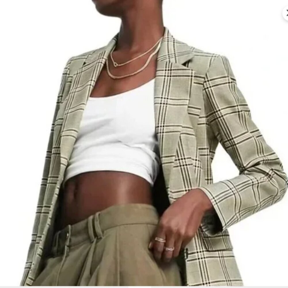 TOPSHOP Plaid Suit BLAZER in Brown, Pale Pink and Tan Size 2/4 (Runs Big). - Picture 6 of 7